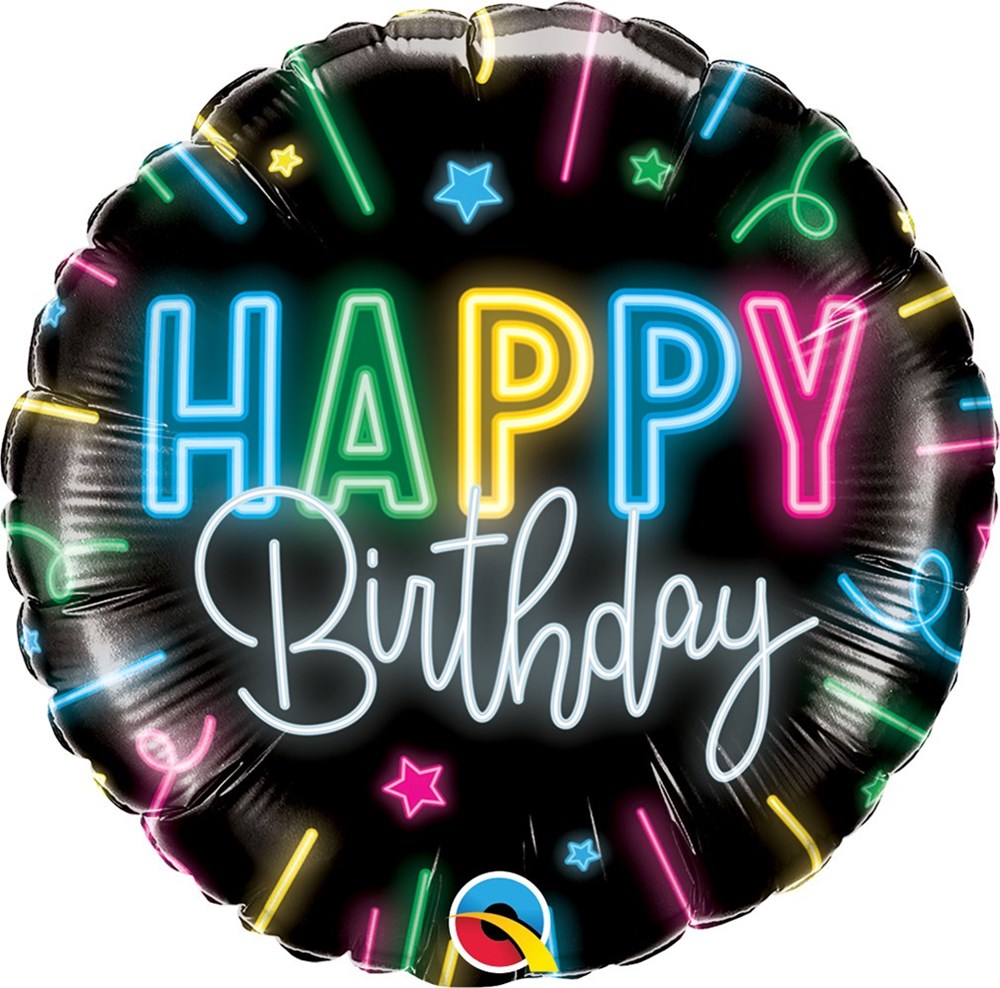Round black foil balloon with colorful neon "Happy Birthday" text and glowing star and light stick accents.