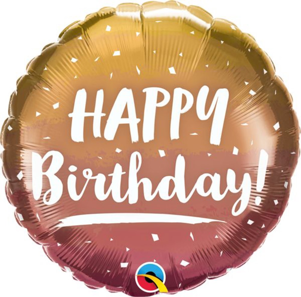 Round foil balloon with gold and rose gold ombre finish and white "Happy Birthday!" text.