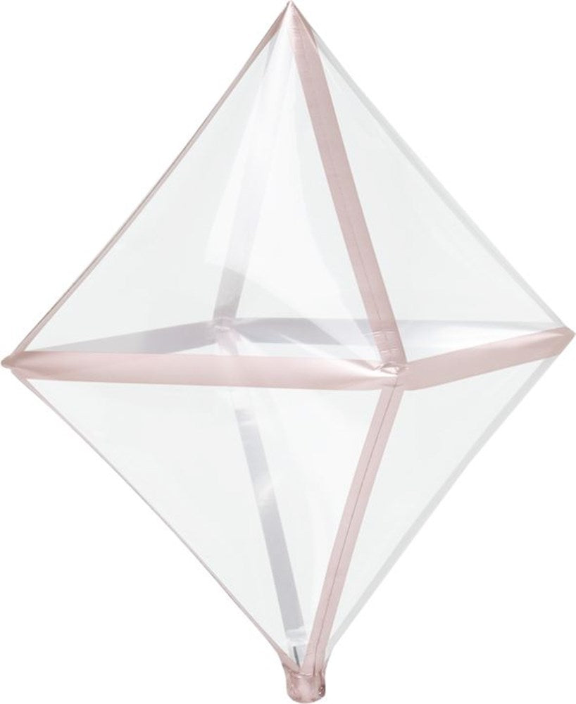 Transparent diamond-shaped balloon with rose gold trim edges, 25 inches tall.