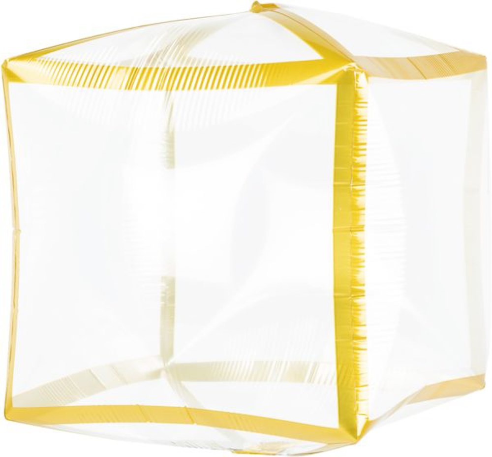 Transparent inflatable cube with shiny gold trim edges and seams, measuring 15 inches.