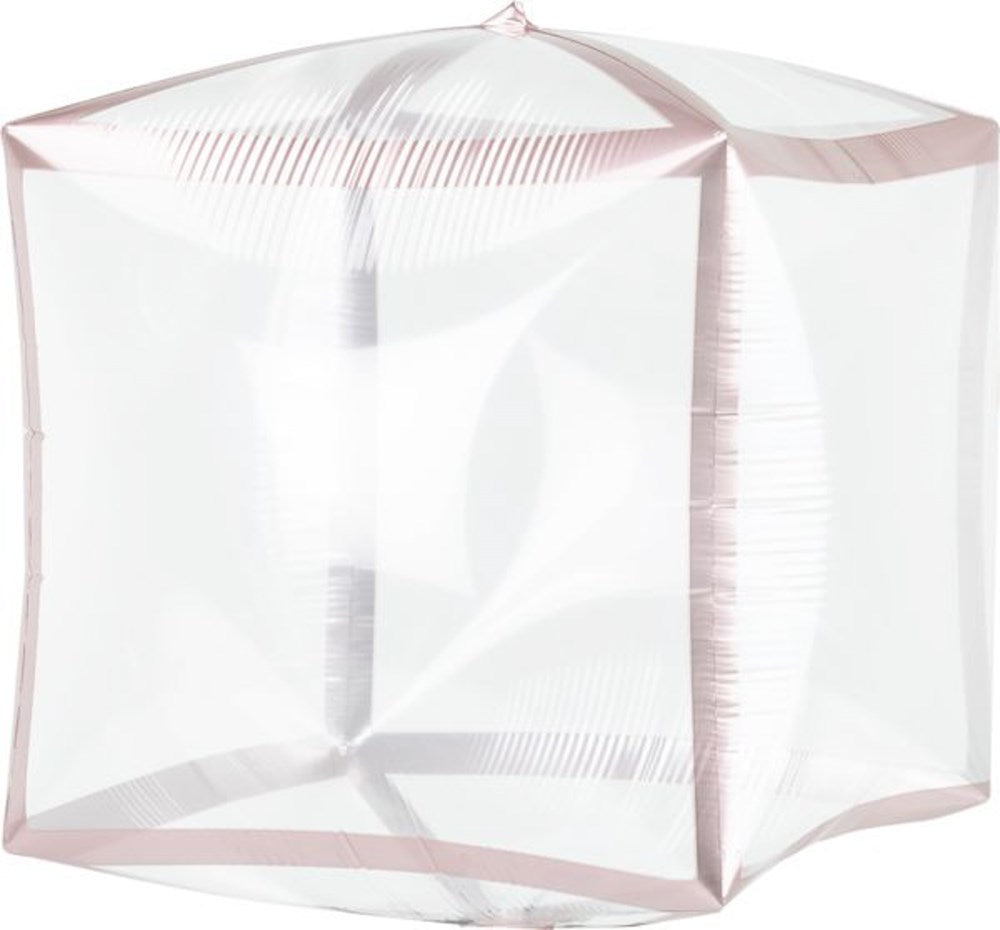 Clear cube-shaped balloon with rose gold trim along edges, 15-inch size, shiny surface.