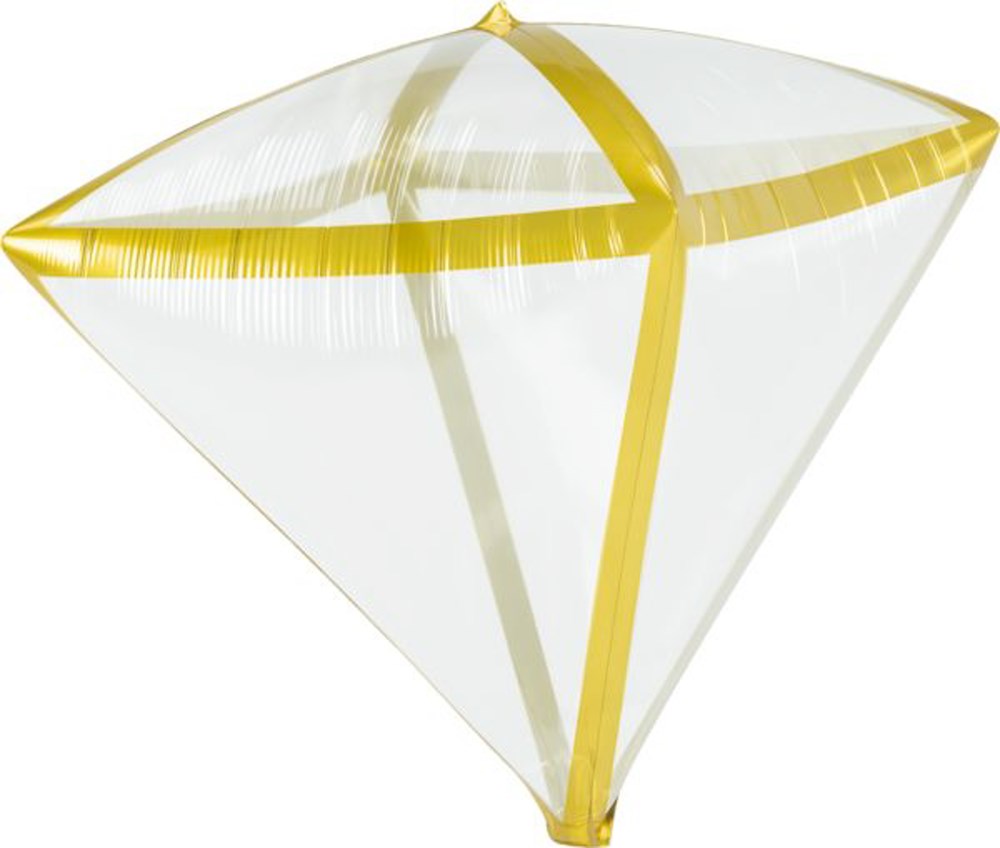 Clear diamond-shaped balloon with gold metallic trim outlining its edges.