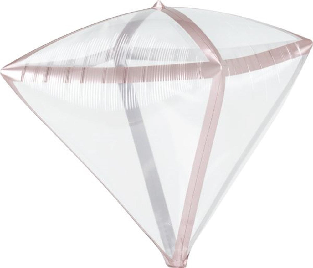 Transparent diamond-shaped balloon with rose gold trim and geometric design.
