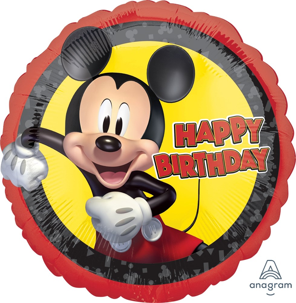 Round foil balloon featuring Mickey Mouse with a yellow background and red "Happy Birthday" text.