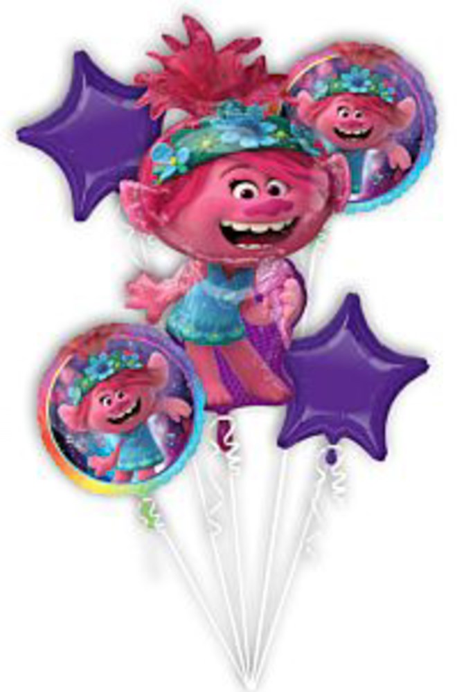 Pink Troll character foil balloon with two round matching Troll balloons and two purple star-shaped balloons in a bouquet.