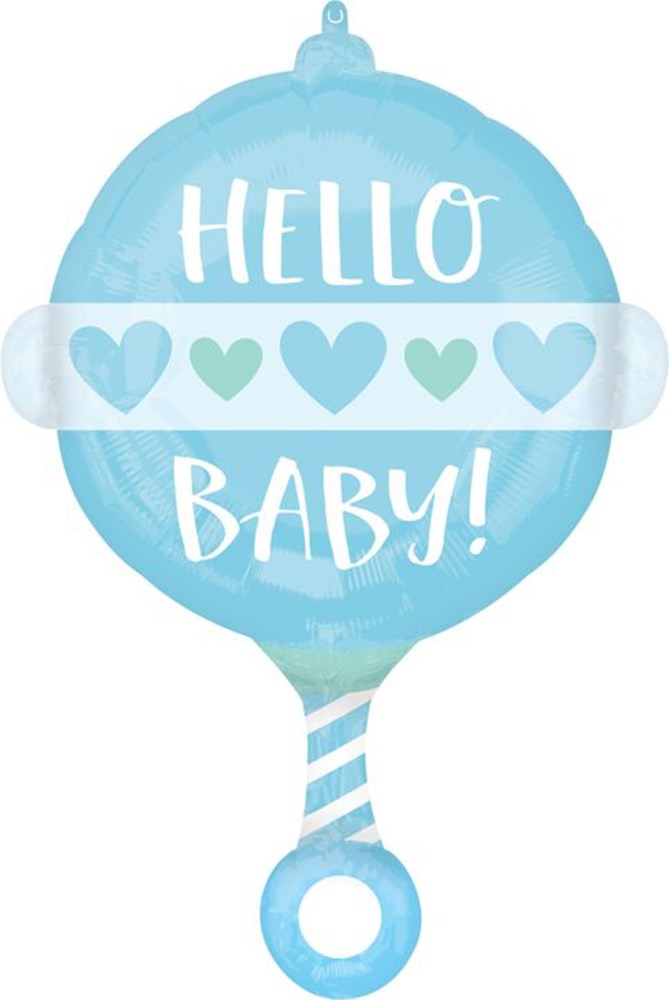 Light blue foil balloon shaped like a baby rattle with "Hello Baby!" text and heart designs.