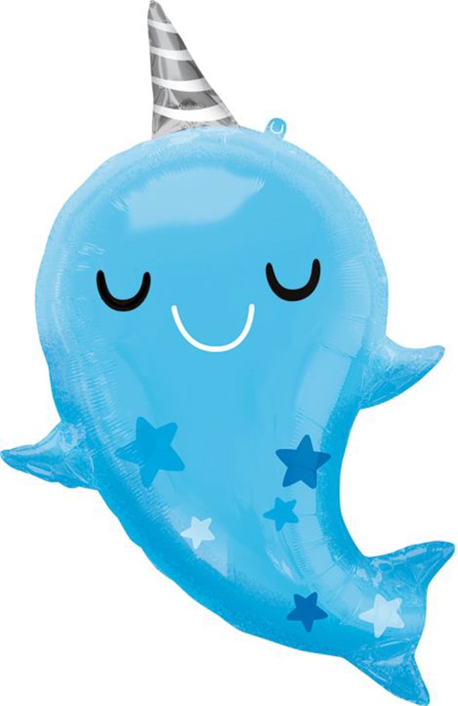 Blue foil narwhal balloon with closed eyes, smiling mouth, silver striped horn, and star patterns.
