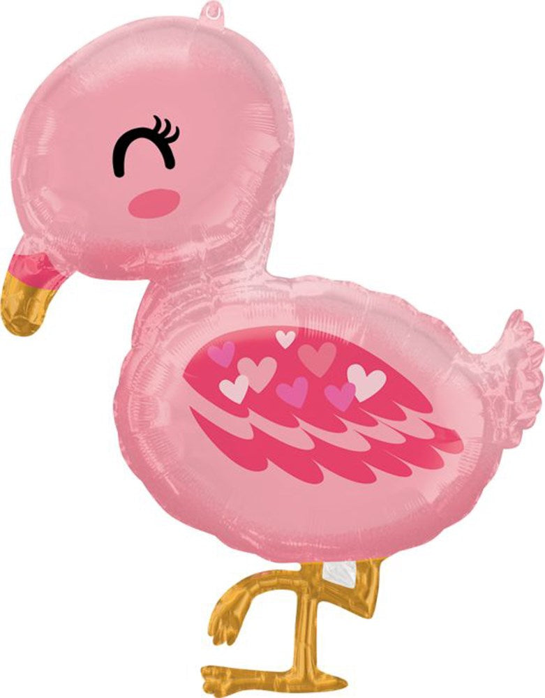 Pink flamingo-shaped foil balloon with heart-patterned wings and gold beak and legs, 32 inches tall.