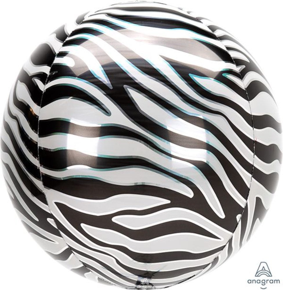 Round 16-inch foil balloon with black and white zebra stripes and glossy finish.