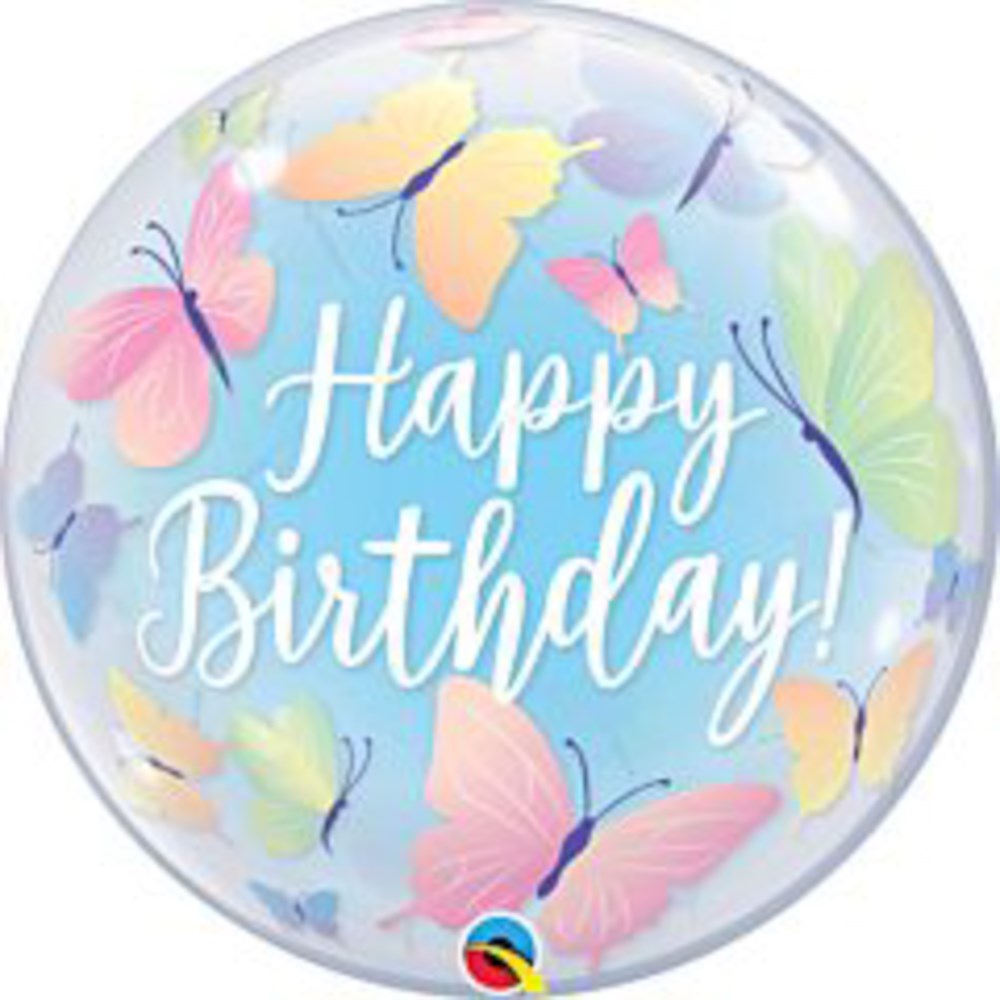 22-inch round clear bubble balloon with pastel butterflies and white "Happy Birthday!" text.