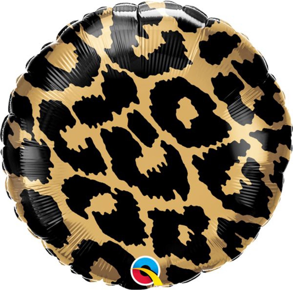 18-inch round foil balloon with shiny gold background and black leopard spot pattern.