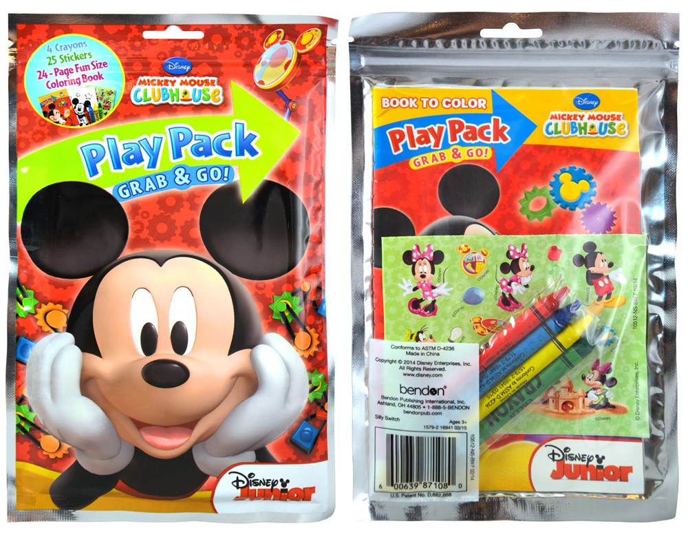 Mickey Mouse-shaped plastic container with colorful crayons and a Disney Junior coloring book inside bright red packaging.