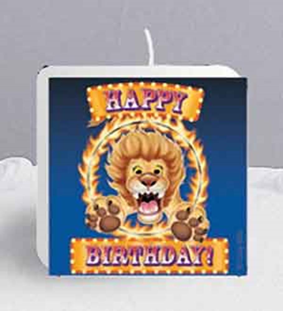 Square birthday candle with a fierce lion and "Happy Birthday" in bright marquee lights design.
