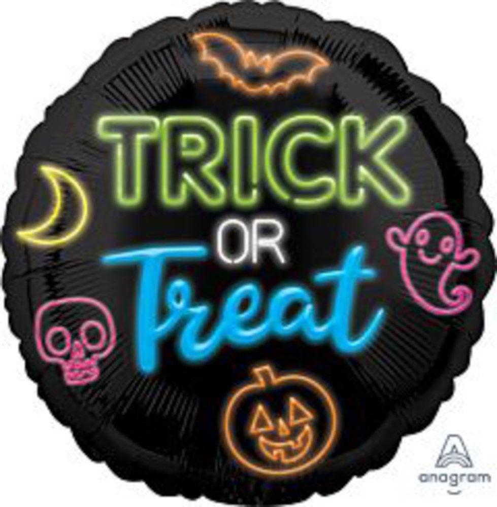 Black round foil balloon with neon-style green "Trick," blue "Treat," orange jack-o'-lantern, pink ghost, pink skull, orange .