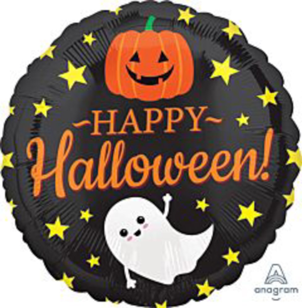 Round black foil balloon with a happy jack-o'-lantern, white ghost, and yellow stars, "Happy Halloween!" text in orange.