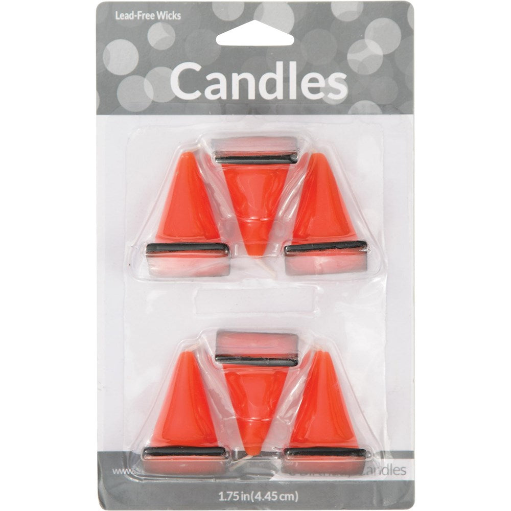 Six orange construction cone birthday candles with black bases in clear packaging labeled Candles.