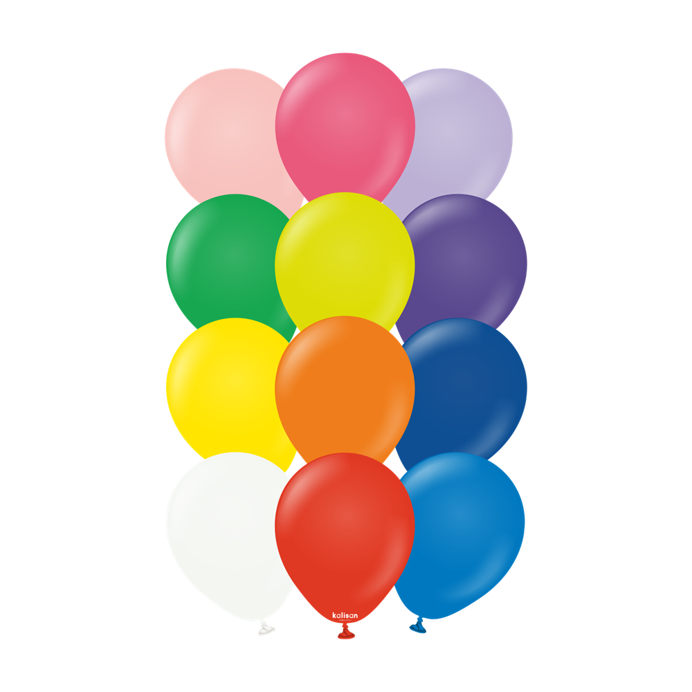 Assorted 5-inch latex balloons in pink, red, purple, green, yellow, orange, blue, white, and red colors, 100-count pack.