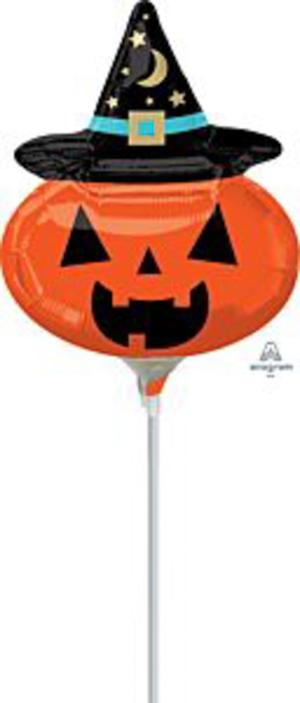 Orange jack-o'-lantern pumpkin foil balloon with black witch hat decorated with moon and stars.