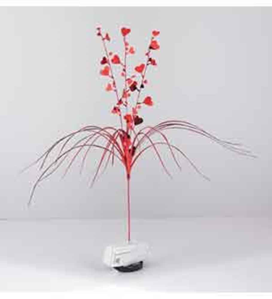 Red metallic foil spray with multiple heart-shaped accents on thin wires, mounted on white base.