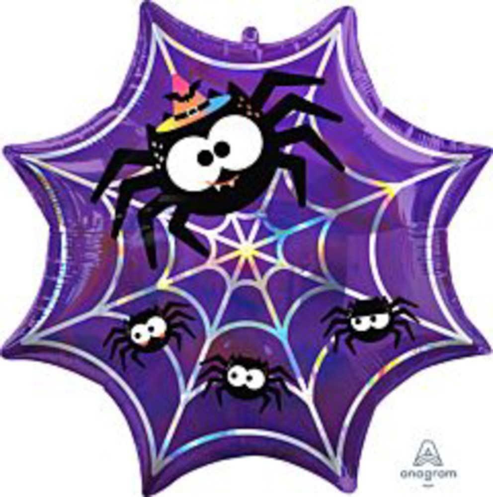 Purple iridescent spider web foil balloon with one large and three small cartoon spiders wearing a witch hat.