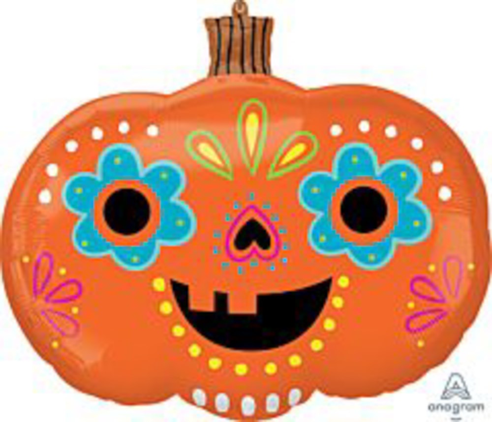Orange pumpkin-shaped foil balloon with colorful Dia De Los Muertos skull face and decorative patterns.