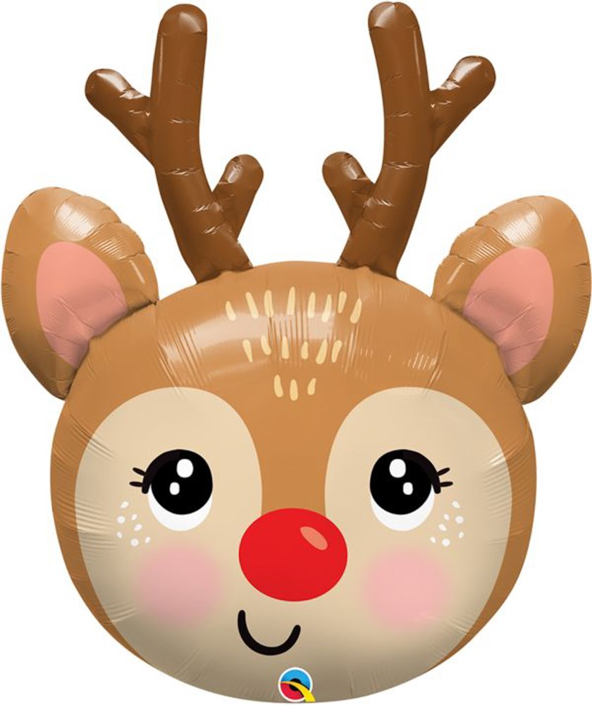 35-inch foil balloon shaped like a reindeer's face with brown antlers and a shiny red nose.