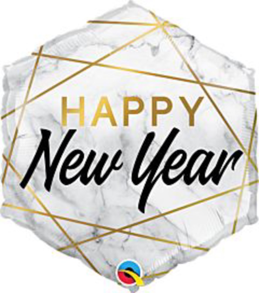 White rectangular foil balloon with gold geometric lines and "Happy New Year" text in gold and black.
