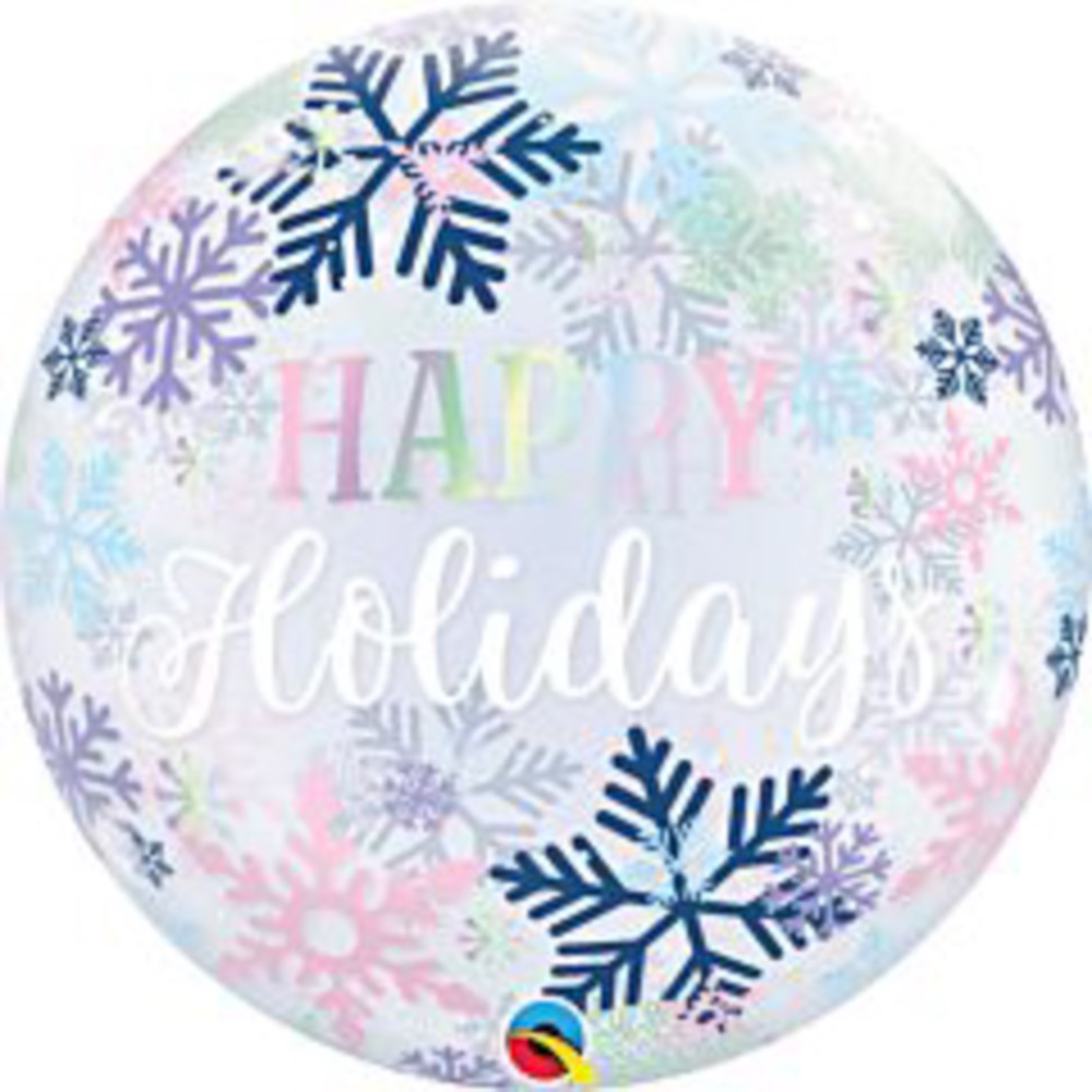 22-inch round foil balloon with pastel snowflakes and "Happy Holidays" text in colorful and white script.