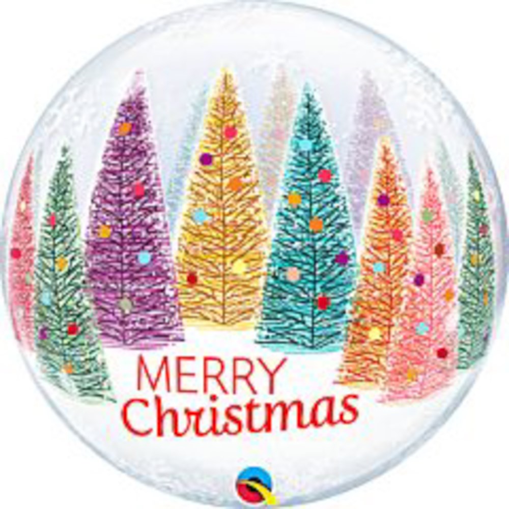 22-inch clear bubble balloon with colorful Christmas trees and "Merry Christmas" text in red.
