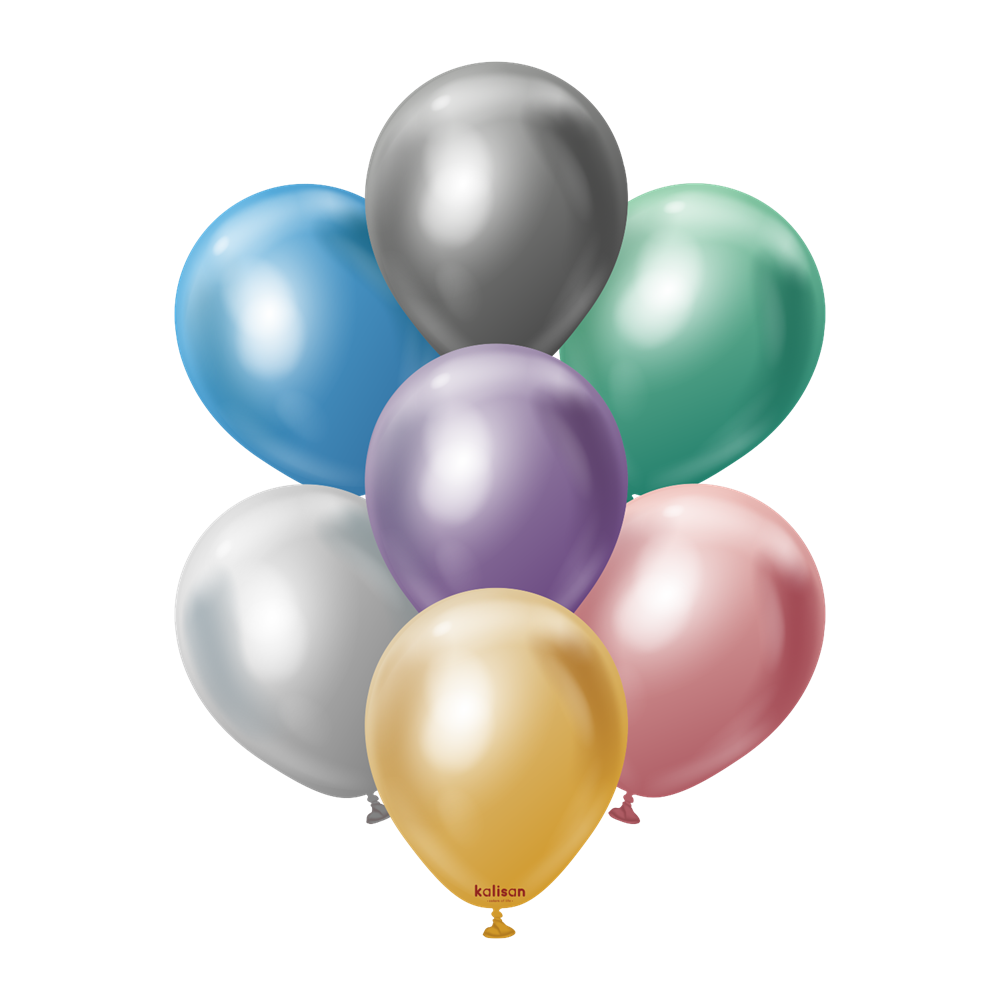 Assorted 5-inch round latex balloons in metallic blue, silver, green, purple, gold, pink, and white colors.