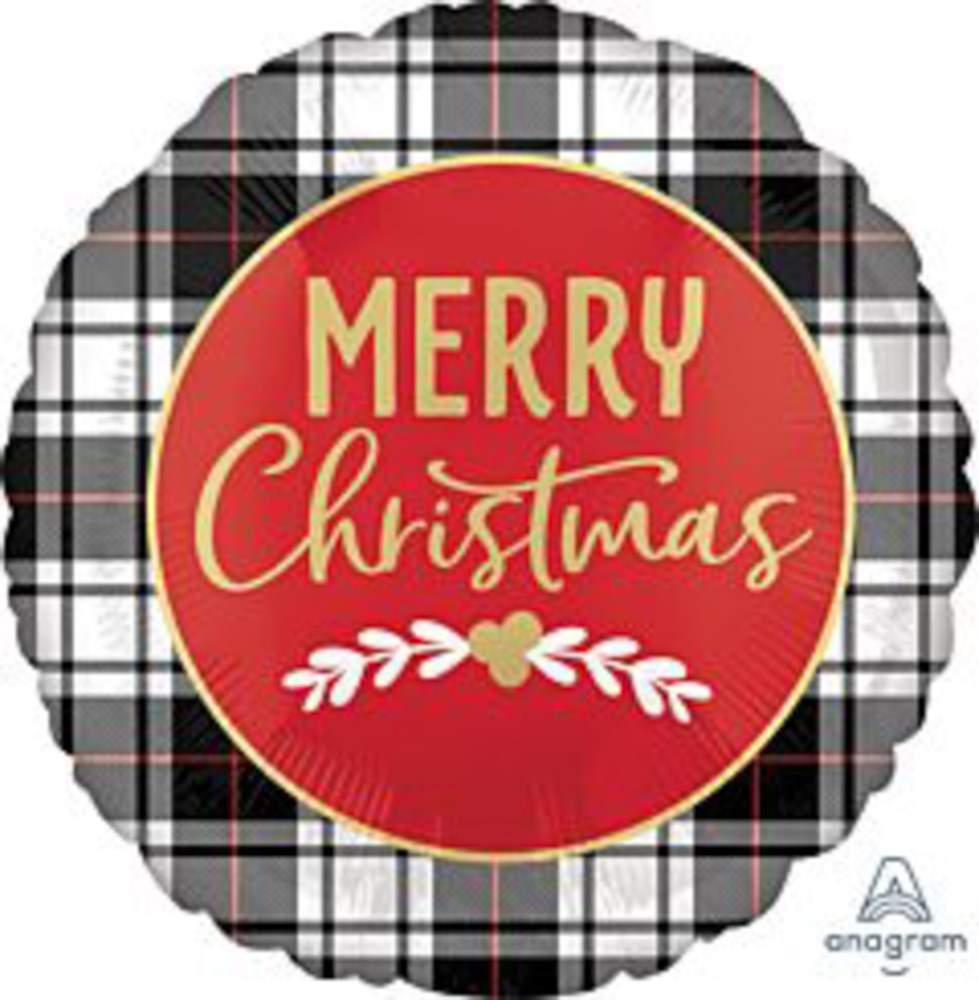 Round foil balloon with black and white plaid border, red center, and gold "Merry Christmas" text.