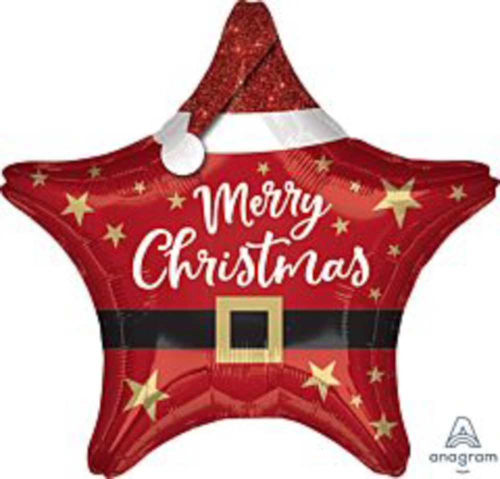 Red star-shaped foil balloon with Santa hat top, black belt, gold stars, and white "Merry Christmas" text.