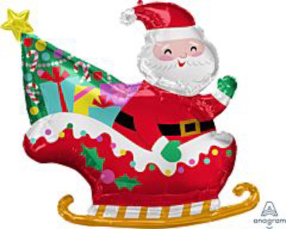 Red foil balloon shaped like Santa in a sleigh filled with colorful Christmas presents and a gold star-topped tree.