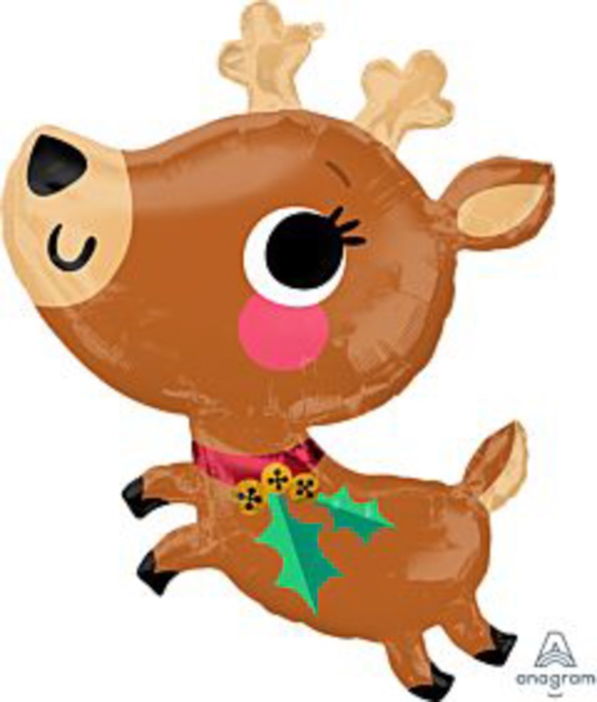 Brown foil balloon shaped like a cartoon reindeer with large eyes, pink cheeks, black hooves, a red collar, and green holly.