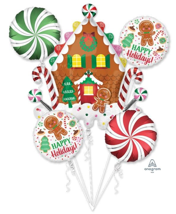 Holiday bouquet of balloons featuring a gingerbread house, candy canes, peppermint swirls, and festive Happy Holidays.