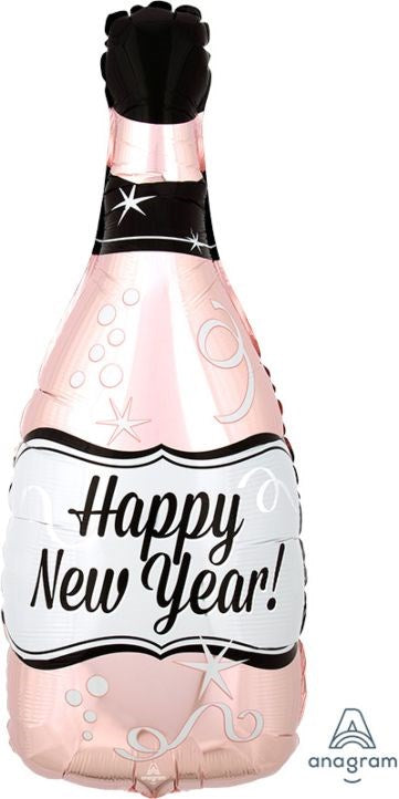 26-inch rose gold foil balloon shaped like a bubbly champagne bottle with "Happy New Year!" text in black cursive and pink.