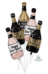 Five foil balloons shaped like champagne bottles in gold, black, and pink with "Happy New Year" and "New Year!" text designs.