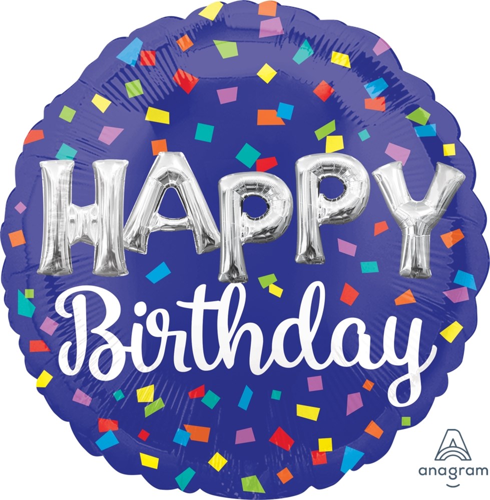 Round navy blue foil balloon with multicolored confetti and silver foil letters spelling "HAPPY" above white script.