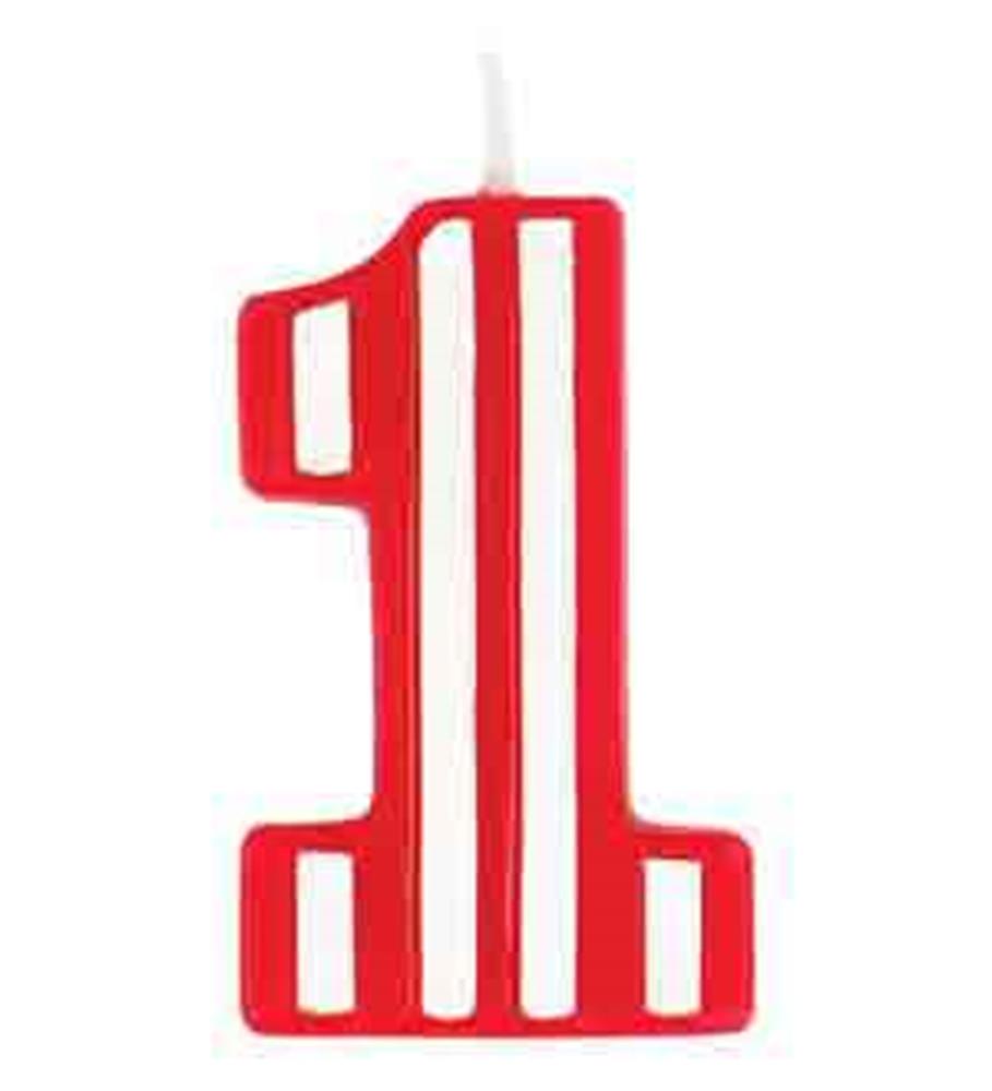 Red and white striped number 1 birthday candle with wick on top.