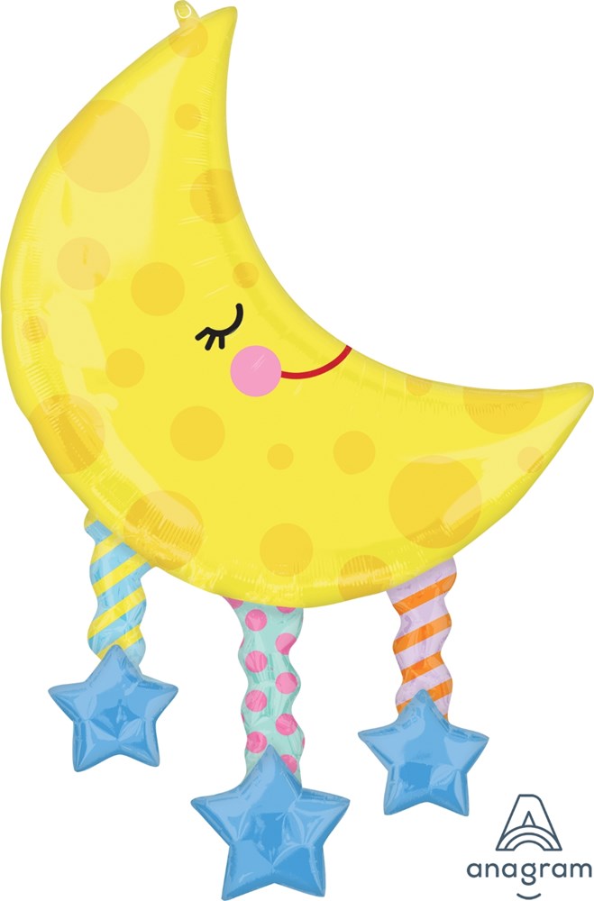 Yellow crescent moon-shaped foil balloon with closed-eye face and three hanging blue stars on striped and polka dot ribbons.