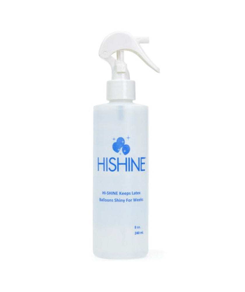 Clear plastic spray bottle with white trigger nozzle labeled Hi-Shine, 8 oz.