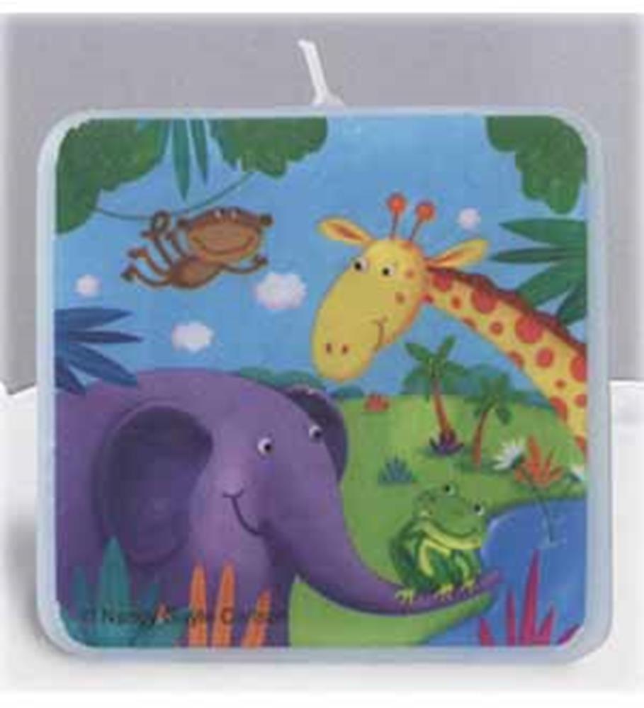 Square candle with colorful jungle animal print featuring a purple elephant, yellow giraffe, green frog, and brown monkey in .