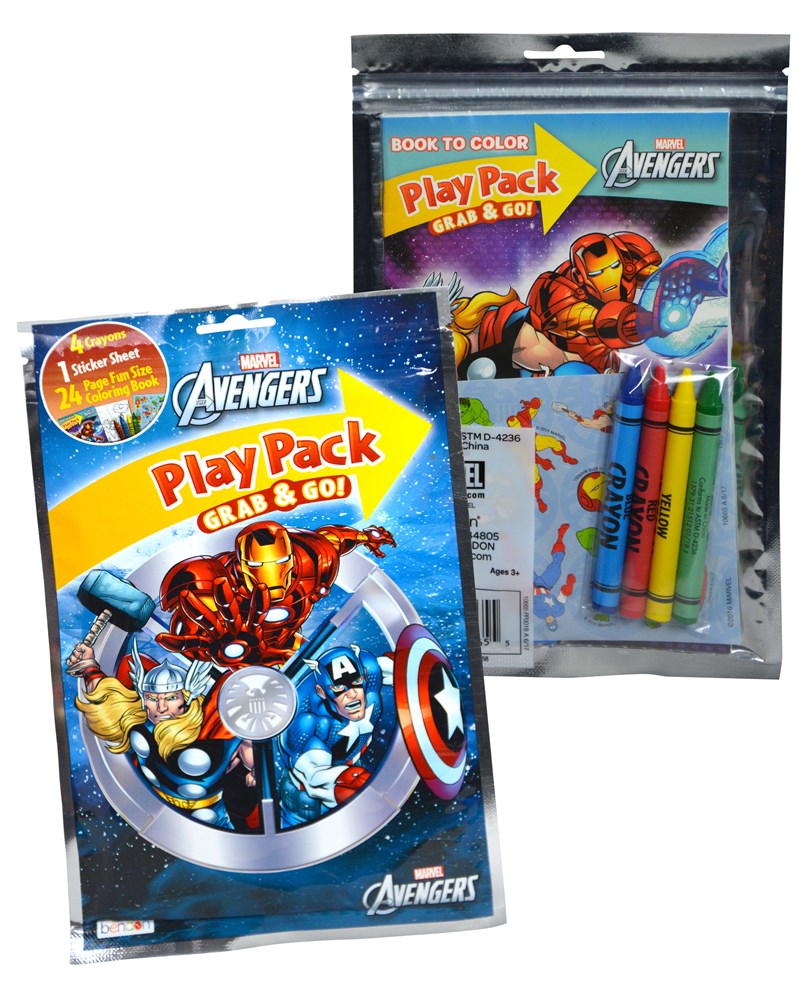 Avengers-themed coloring book pack with markers, featuring Iron Man and Captain America on blue packaging.