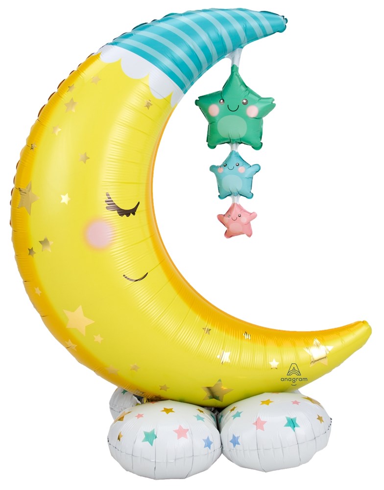55-inch yellow crescent moon foil balloon with closed eyes and pink cheeks, decorated with stars, supported by two white.