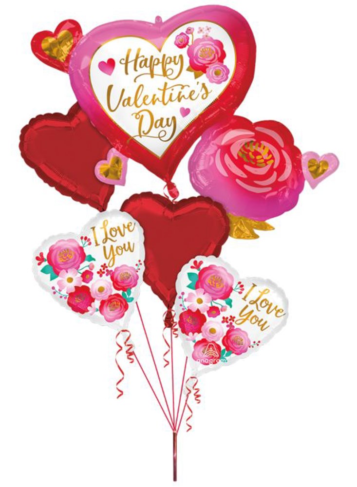 Valentine’s Day bouquet with red and white heart-shaped foil balloons, pink rose balloon, gold script text, and floral.