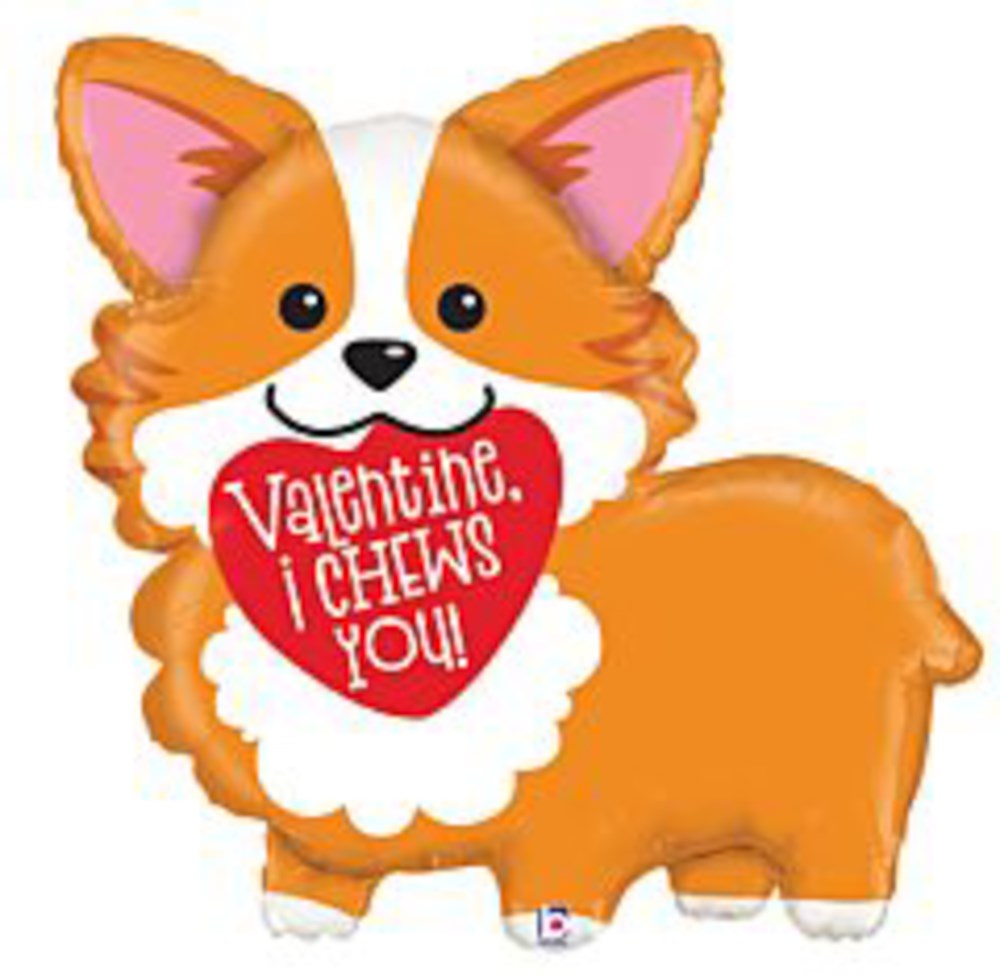 Orange and white foil corgi balloon holding a red heart with "Valentine, I Chews You!" text.