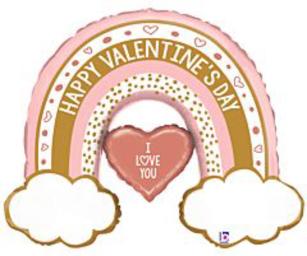 Rose gold foil balloon shaped like a rainbow with "Happy Valentine's Day" text and heart reading "I Love You" in the center.