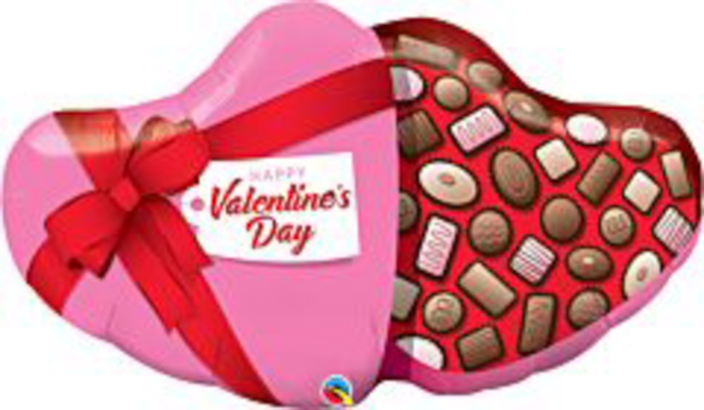Heart-shaped Valentine's Day foil balloon designed as a pink candy box with red ribbon and assorted chocolates inside.