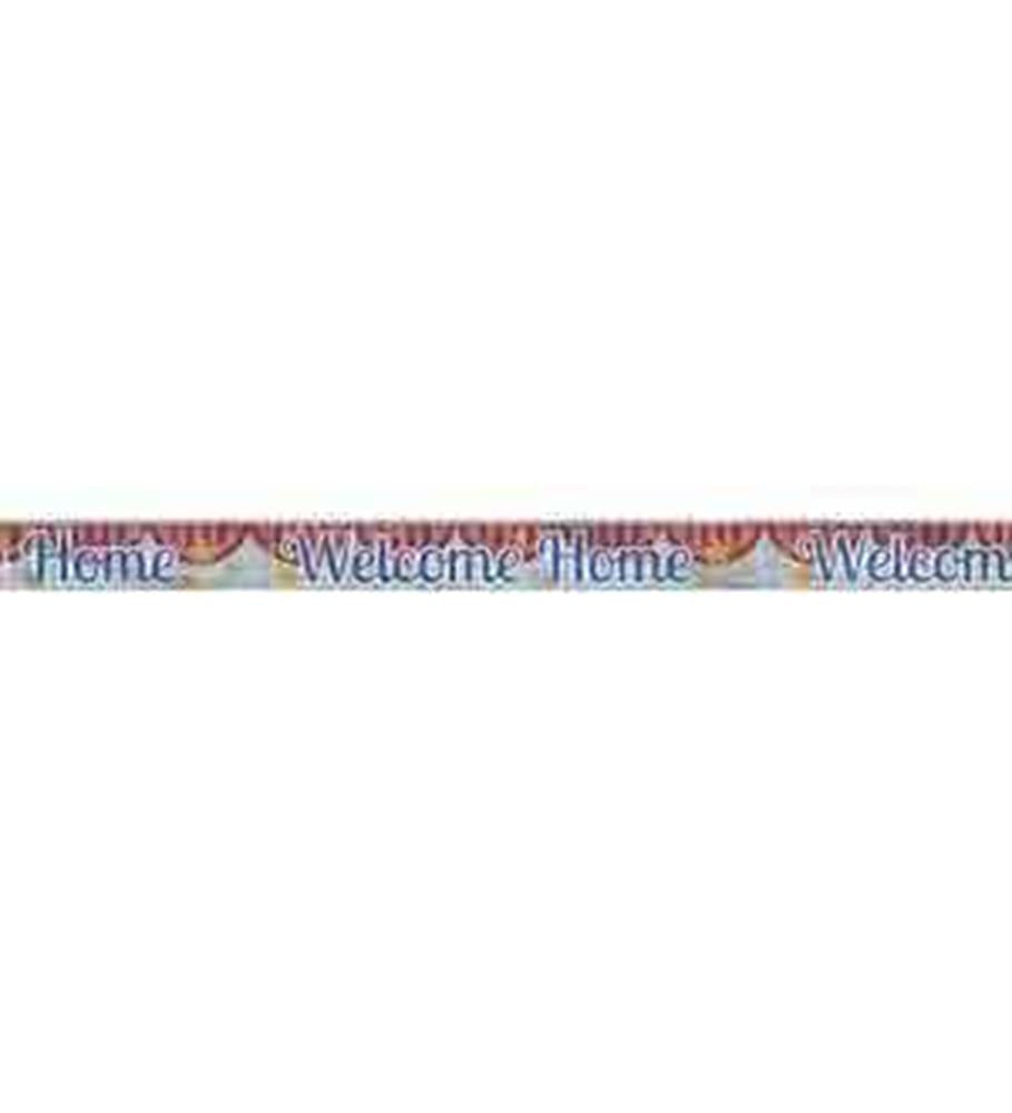 9ft fabric banner with repeating "Welcome Home" text in blue and orange prism patterns on a white background.