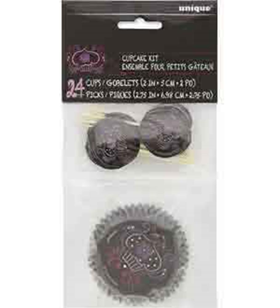 Set of 24 black cupcake liners with white and pink baby boy-themed designs, packaged in clear plastic.